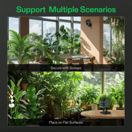 Vivosun GrowCam C4: compact security camera mounted on wall & on table amidst lush indoor plants.