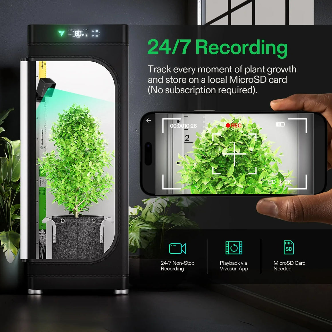 Vivosun GrowCam C4: 24/7 recording of plant growth via microSD card and Vivosun app.