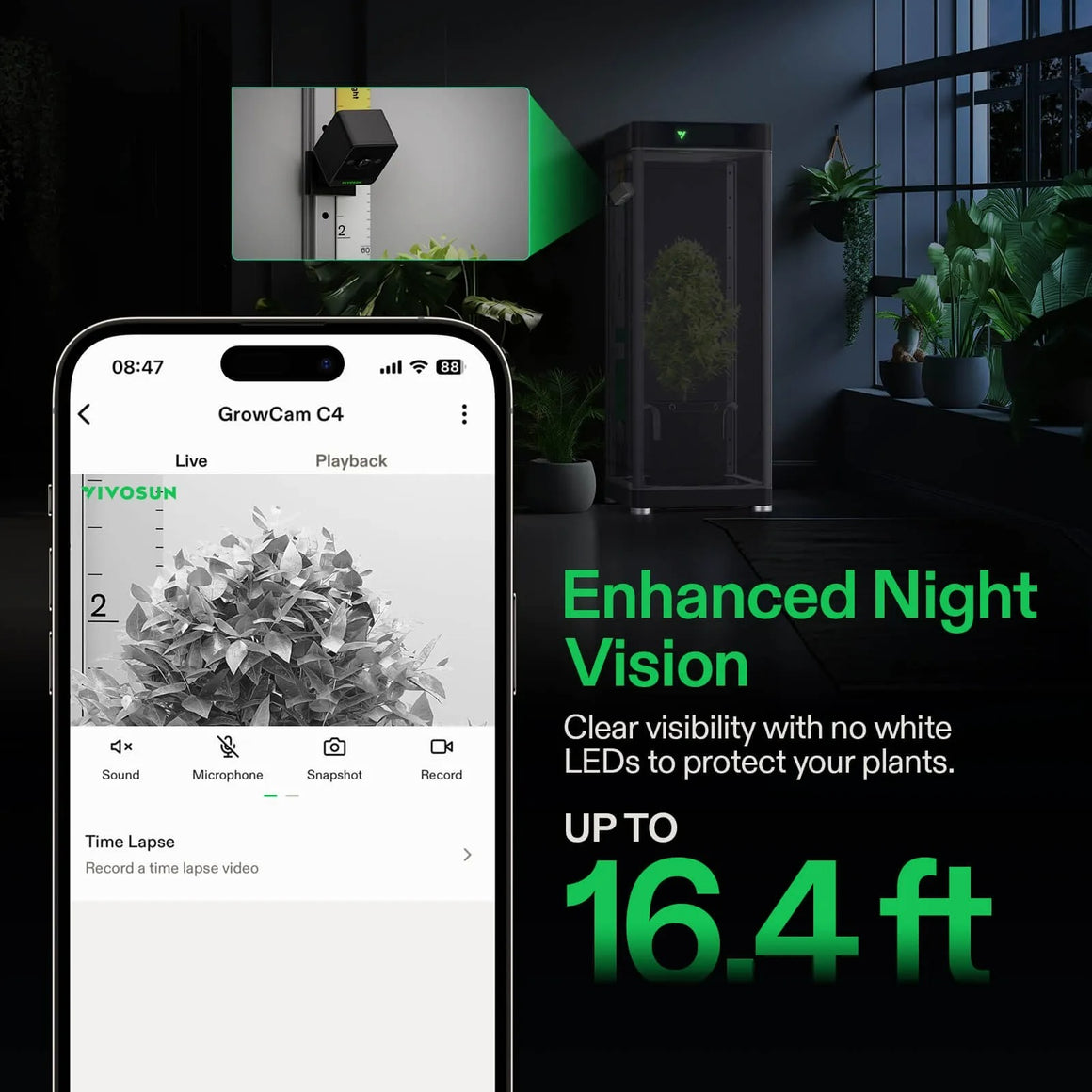 VIVOSUN GrowCam C4 app interface shows a plant on live view. Enhanced night vision up to 16.4 ft.