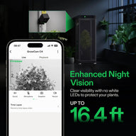 VIVOSUN GrowCam C4 app interface shows a plant on live view. Enhanced night vision up to 16.4 ft.