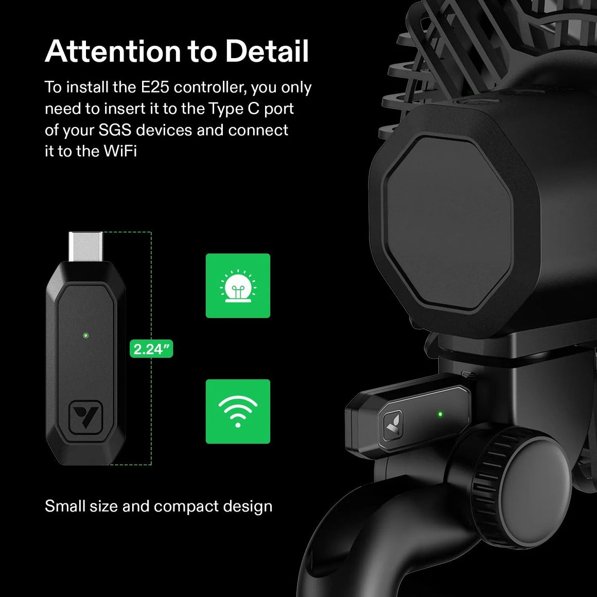 Vivosun E25 grow hub controller: 2.24" USB-C dongle installation into smart device, WiFi connection shown.