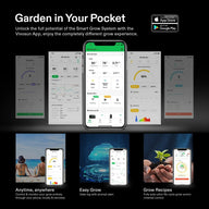 Vivosun app interface showing plant grow controls: environment, light intensity, fan speed, recipes, remote monitoring.