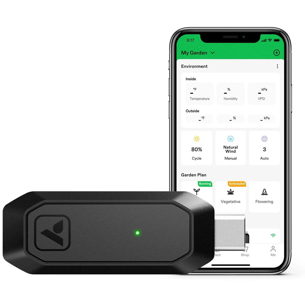Vivosun GrowHub E25 controller, green light, & smartphone displaying a garden app with indoor/outdoor environment data.