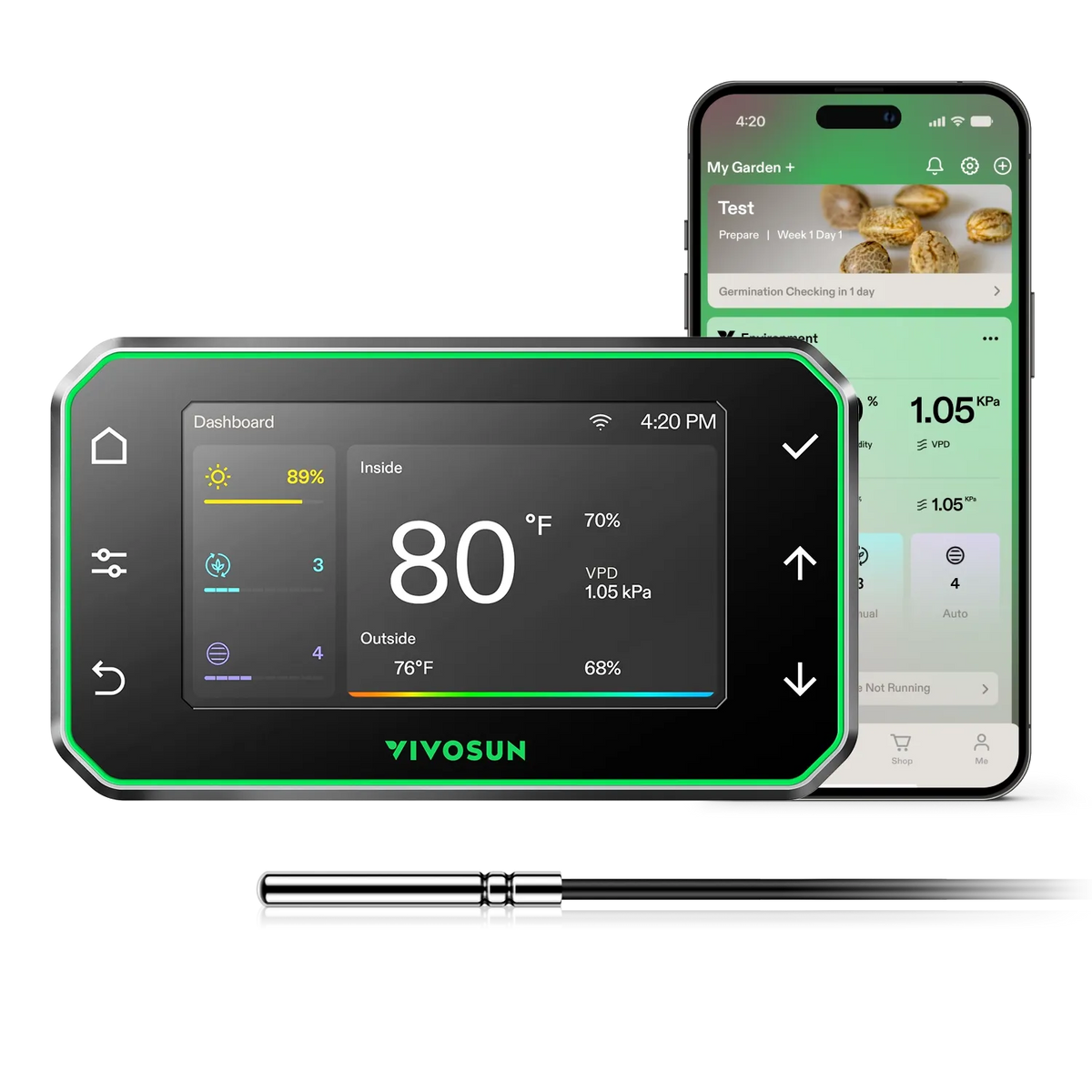 Vivosun GrowHub E42A controller (green LED) showing 80°F, VPD data, next to Vivosun app on phone displaying garden details. Probe below.