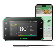 Vivosun GrowHub E42A controller (green LED) showing 80°F, VPD data, next to Vivosun app on phone displaying garden details. Probe below.