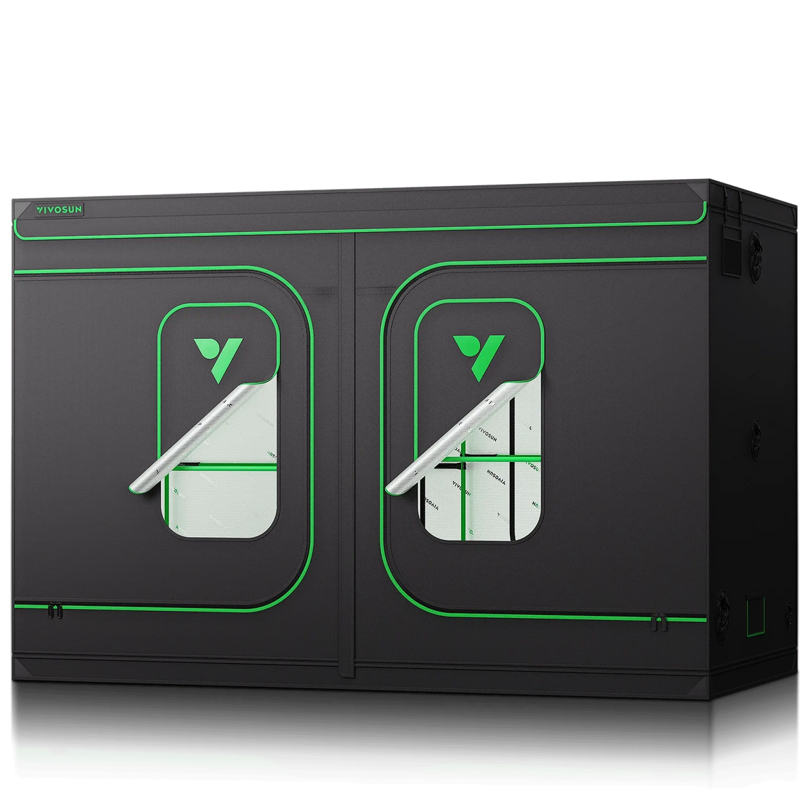 VIVOSUN dark grow tent with green trim and logo, two windows with reflective interior.