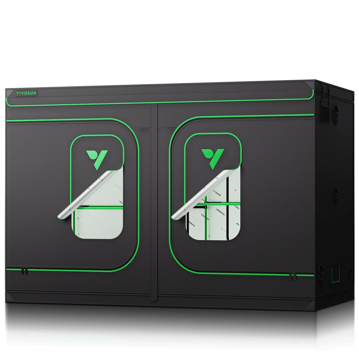 VIVOSUN dark grow tent with green trim and logo, two windows with reflective interior.
