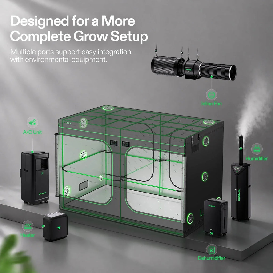Vivosun grow tent with inline fan, humidifier, dehumidifier, A/C unit, and heater.