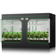 VIVOSUN dual-chamber grow tent with two rows of lush green plants, LED lights, and ventilation systems.
