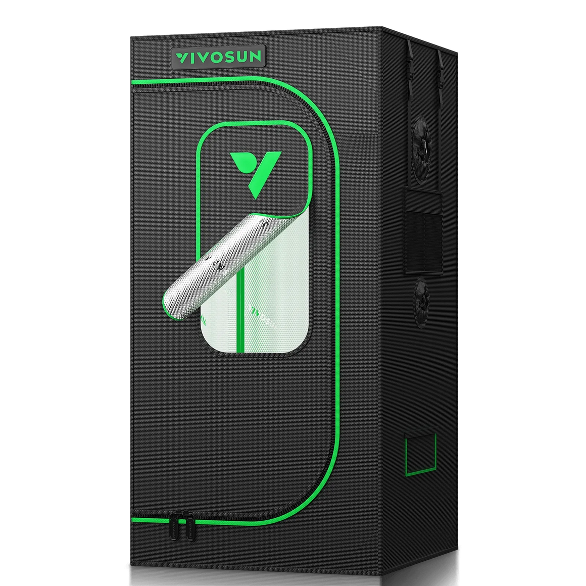Vivosun grow tent with green trim and logo, partially open reflective panel.