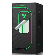 Vivosun grow tent with green trim and logo, partially open reflective panel.