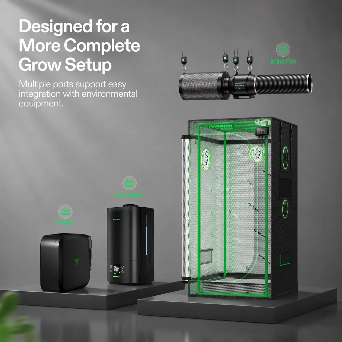 VIVOSUN grow tent setup with inline fan, humidifier, heater, and grow tent.