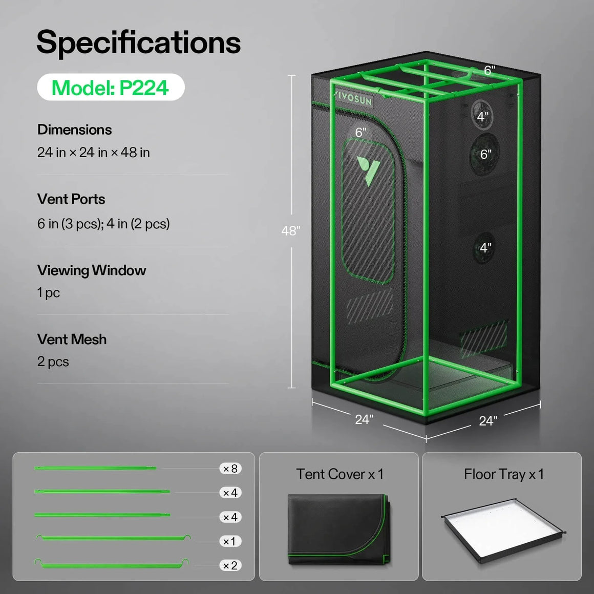 VIVOSUN P224 grow tent: 24"x24"x48", 6" & 4" vents, window, mesh, tent cover, floor tray.
