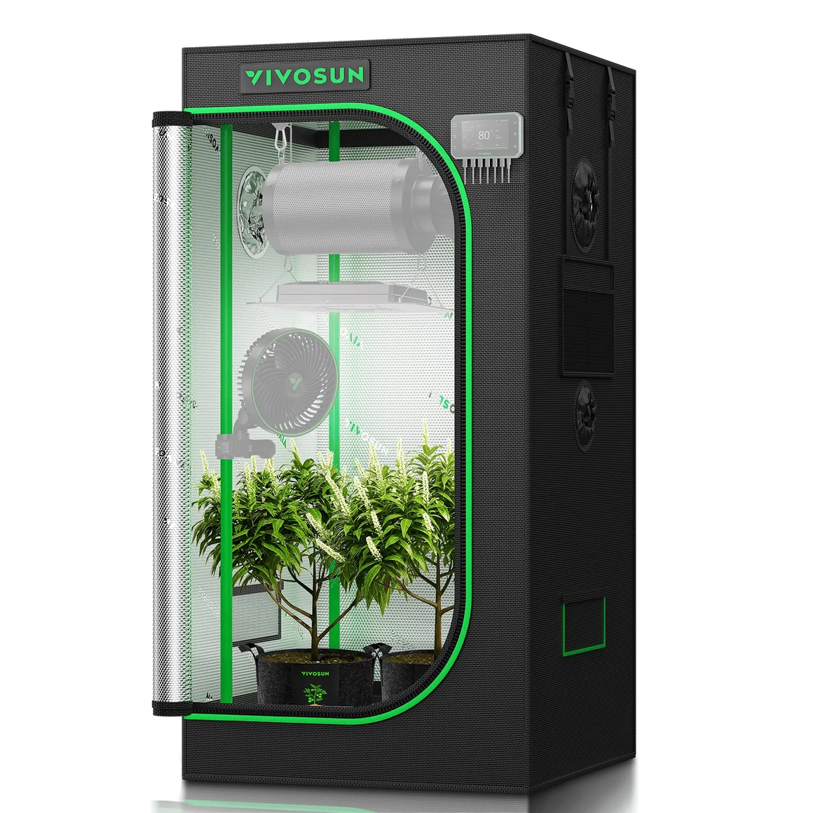 Vivosun grow tent with plants, fan, light, and thermometer.