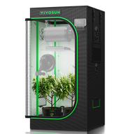 Vivosun grow tent with plants, fan, light, and thermometer.