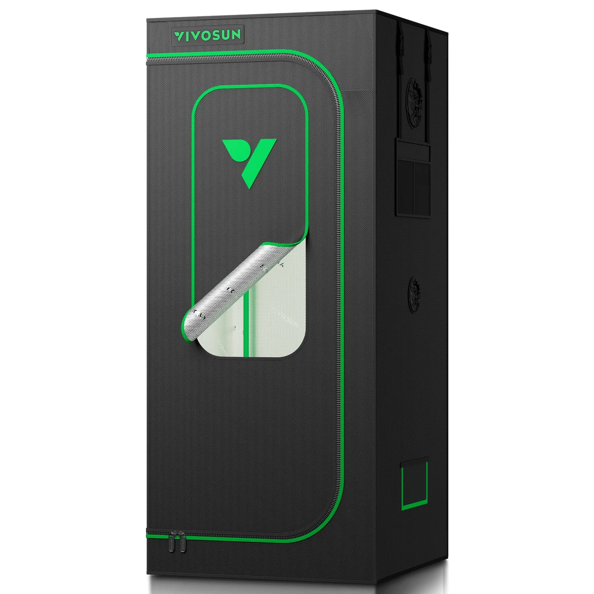 Black VIVOSUN grow tent with green trim and logo, featuring a partially open window with reflective interior.