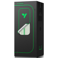 Black VIVOSUN grow tent with green trim and logo, featuring a partially open window with reflective interior.