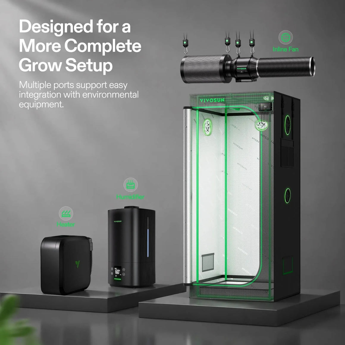 Vivosun grow tent setup with inline fan, humidifier, and heater.