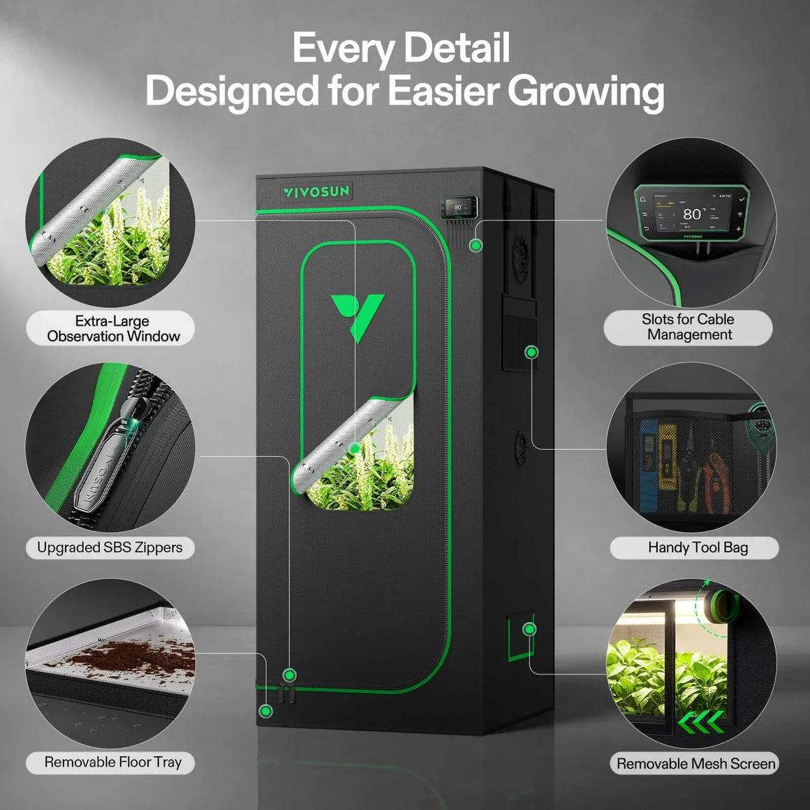 VIVOSUN grow tent features a large observation window, SBS zippers, tool bag, and removable floor tray.