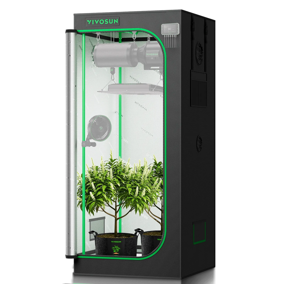 Vivosun grow tent with plants, LED grow light, fan, and thermometer.