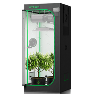Vivosun grow tent with plants, LED grow light, fan, and thermometer.