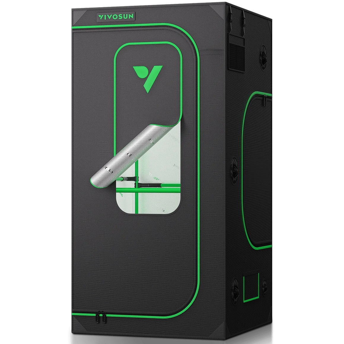 VIVOSUN black grow tent with green trim, open panel showing reflective interior.