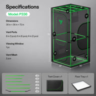 VIVOSUN P336 grow tent: 36x36x72 inches, black with green frame, multiple vent ports and viewing window.