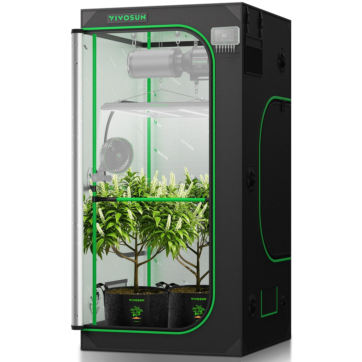 Vivosun grow tent with plants, LED light, fan, and thermometer.