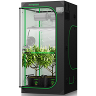 Vivosun grow tent with plants, LED light, fan, and thermometer.