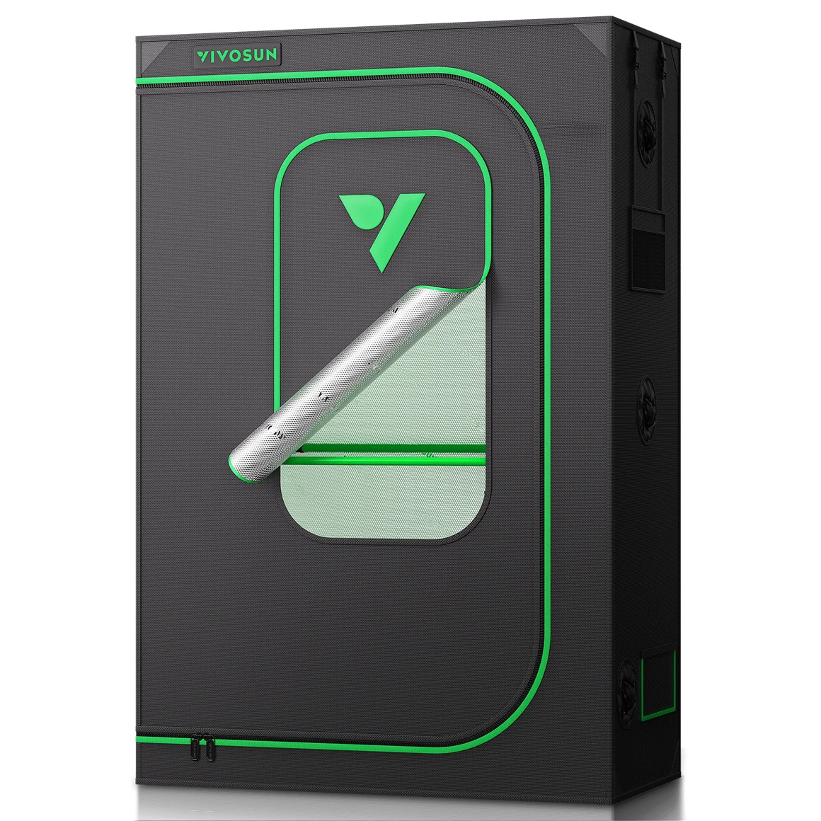 VIVOSUN grow tent with reflective interior, vents, and green trim.
