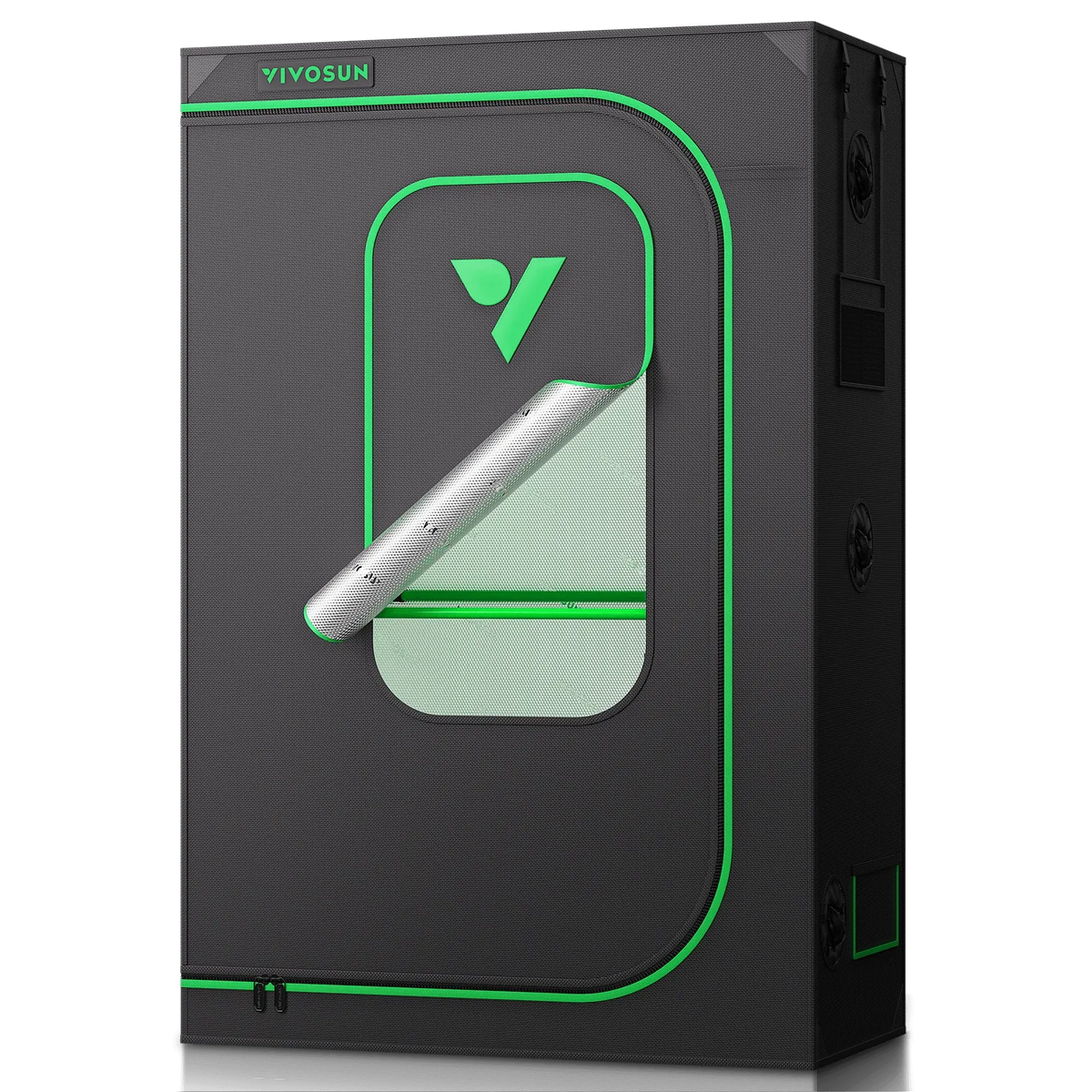 VIVOSUN grow tent with reflective interior, vents, and green trim.