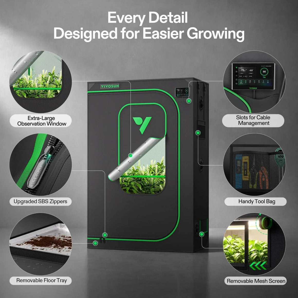 Vivosun grow tent with observation window, tool bag, floor tray, mesh screen, and cable management slots.
