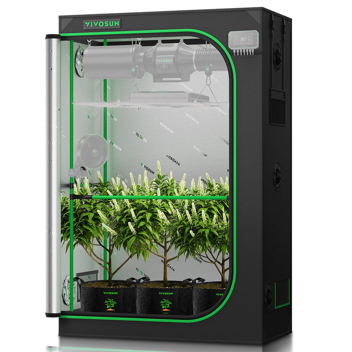 VIVOSUN grow tent interior with plants, fan, and ventilation system.