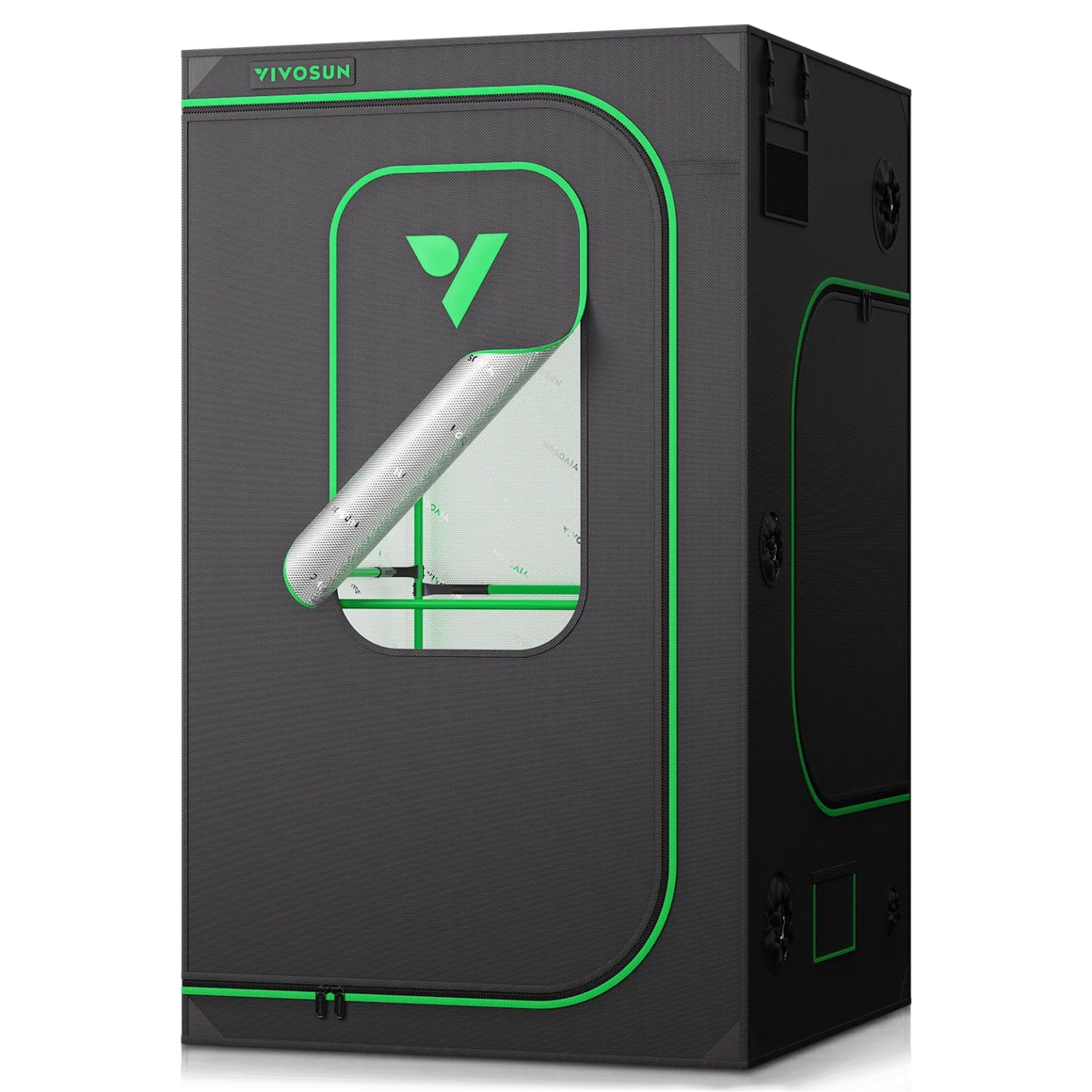 A VIVOSUN grow tent with a green logo and trim, featuring an open window with a reflective interior.