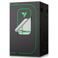 A VIVOSUN grow tent with a green logo and trim, featuring an open window with a reflective interior.