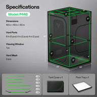 VIVOSUN P448 grow tent specifications: 48x48x80 inches, multiple vent ports, viewing window.