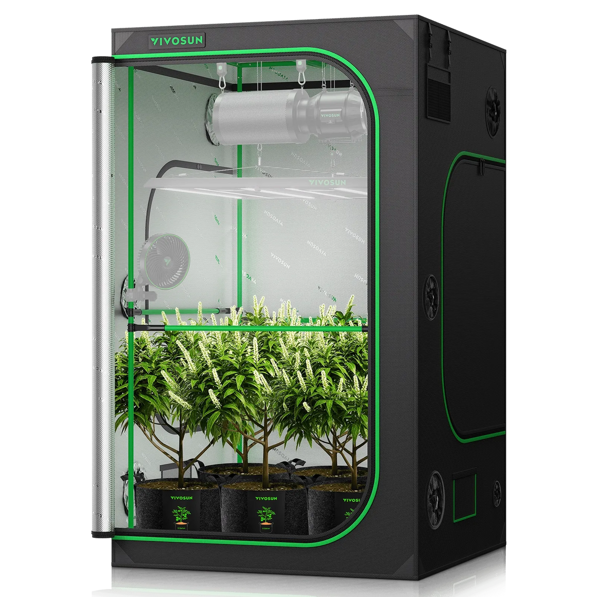 VIVOSUN grow tent with plants, LED light, fan, and ventilation system.
