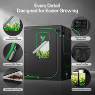 VIVOSUN grow tent features: large observation window, upgraded SBS zippers, removable floor tray, cable management slots, tool bag, and mesh screen.