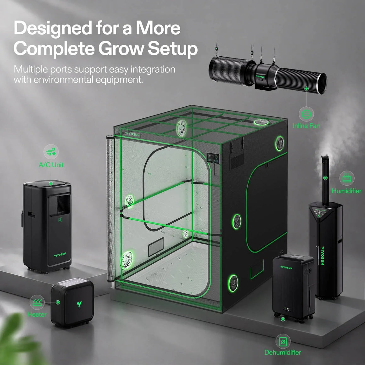 VIVOSUN grow tent setup with inline fan, AC unit, humidifier, dehumidifier, and heater.