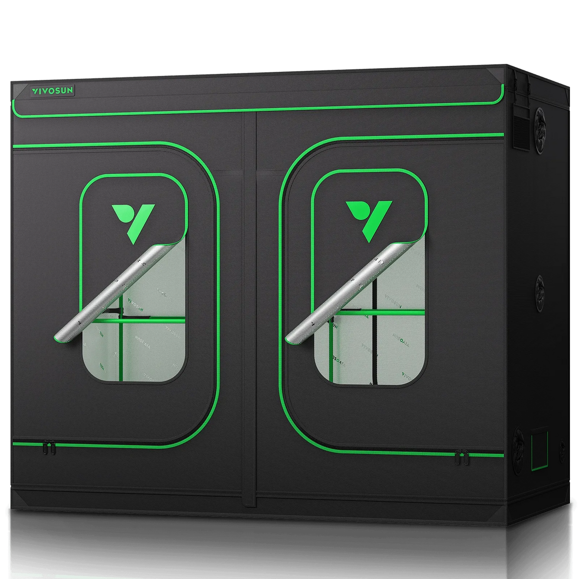 VIVOSUN dual-compartment grow tent with green accents and mesh windows.
