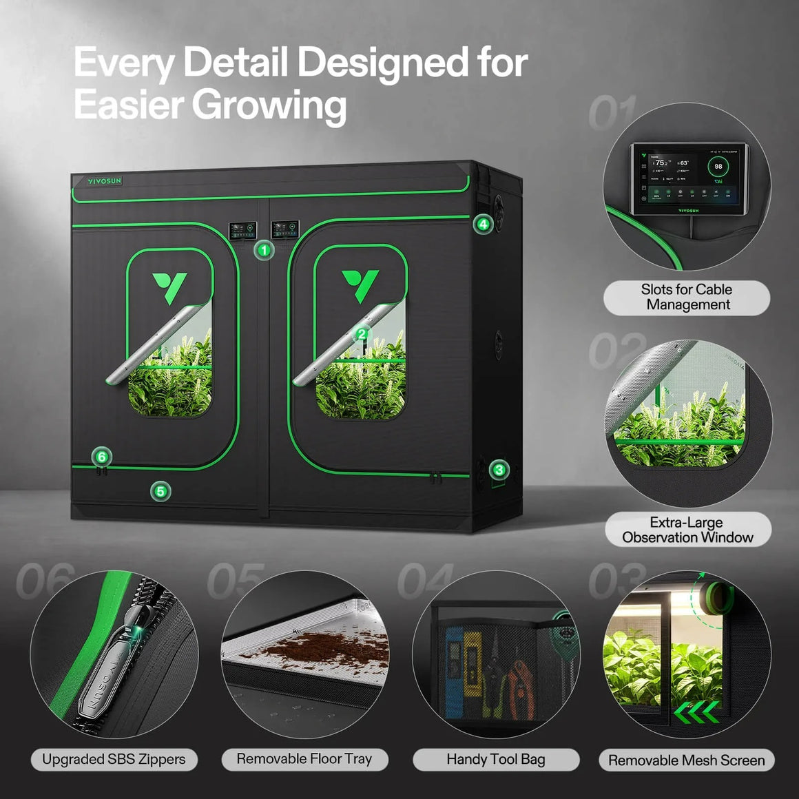 VIVOSUN grow tent with two sections, observation windows, tool bag, removable tray, and upgraded zippers.