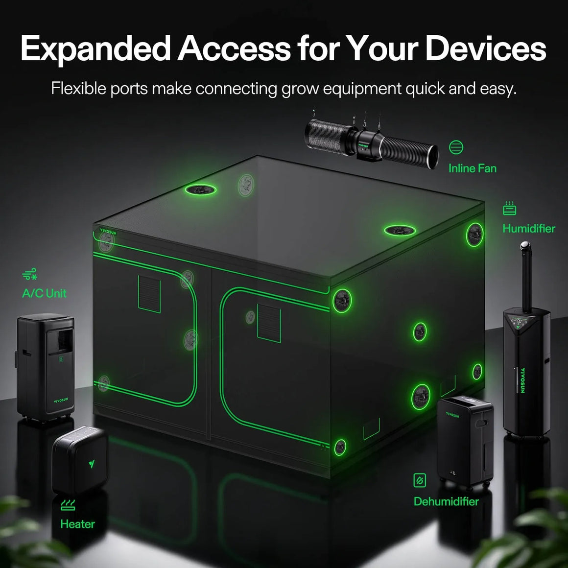 Black grow tent with green glowing ports, connected to A/C unit, inline fan, humidifier, heater, and dehumidifier.