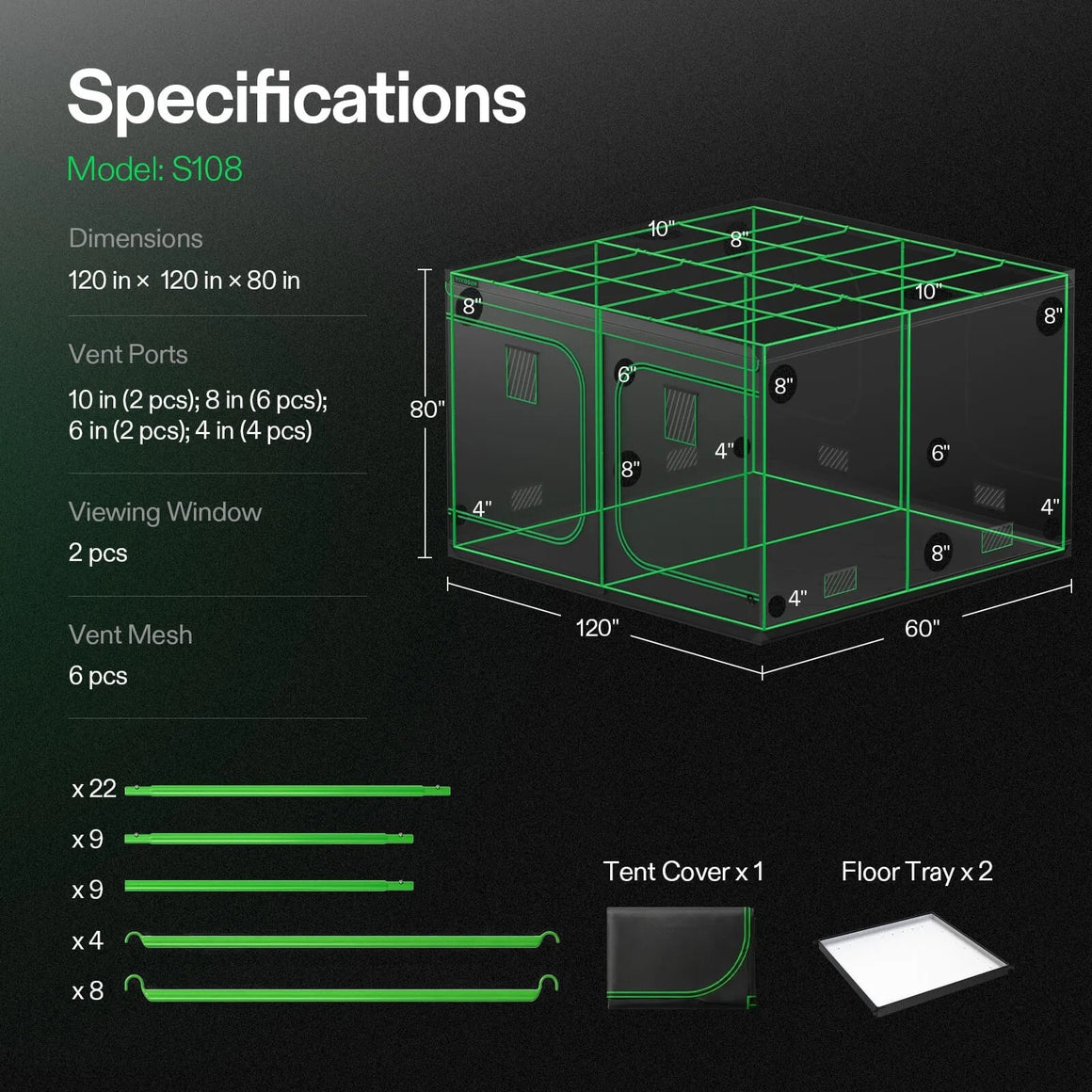 VIVOSUN 10x10x6.8ft grow tent S108, 120"x120"x80", multiple vent ports, windows, mesh, tent cover, and floor trays.