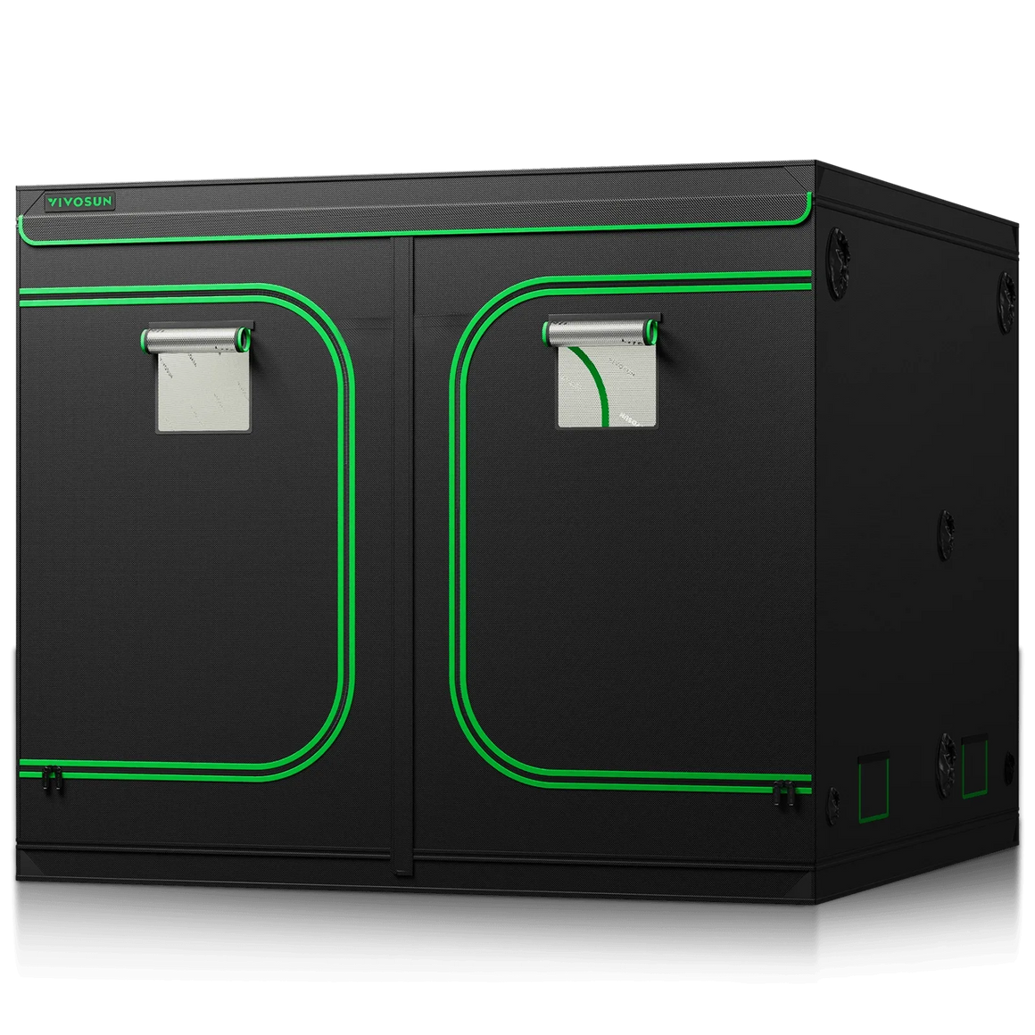 Vivosun 8x8x6.8ft grow tent, black with green trim, two front doors, and observation windows.