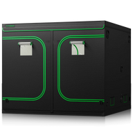 Vivosun 8x8x6.8ft grow tent, black with green trim, two front doors, and observation windows.