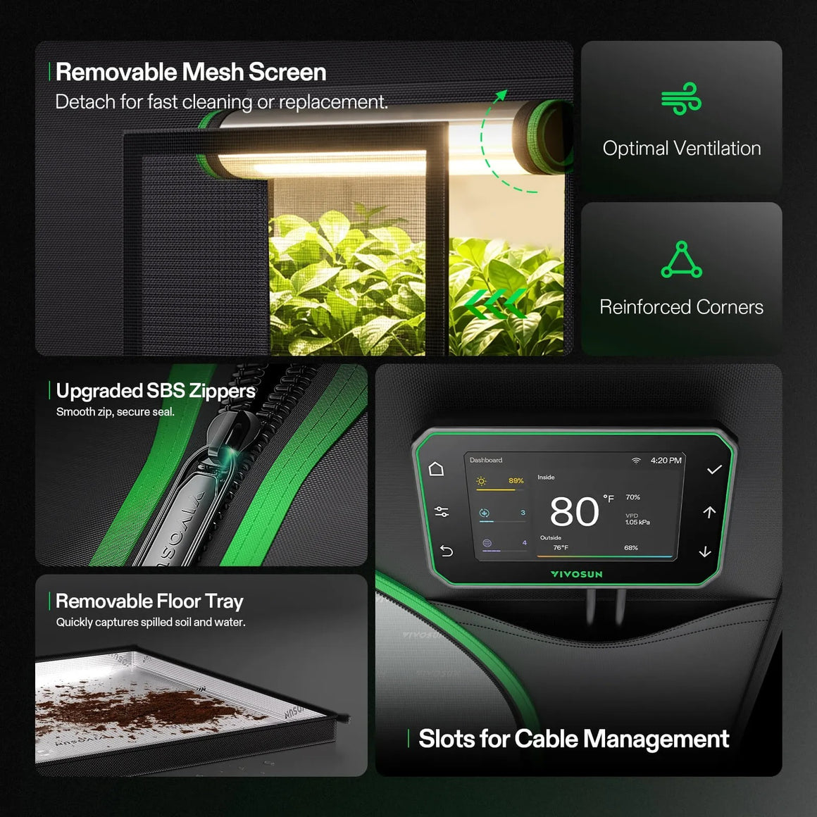 VIVOSUN 8x8x6 ft grow tent with removable mesh screen, SBS zippers, floor tray, and digital control panel.
