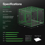Vivosun S888 8'x8'x6.67' grow tent dimensions, vent ports, windows, and components.