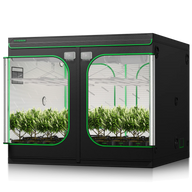 VIVOSUN 8x8x6.8ft grow tent with plants, lights, and digital controllers, black exterior, green trim.