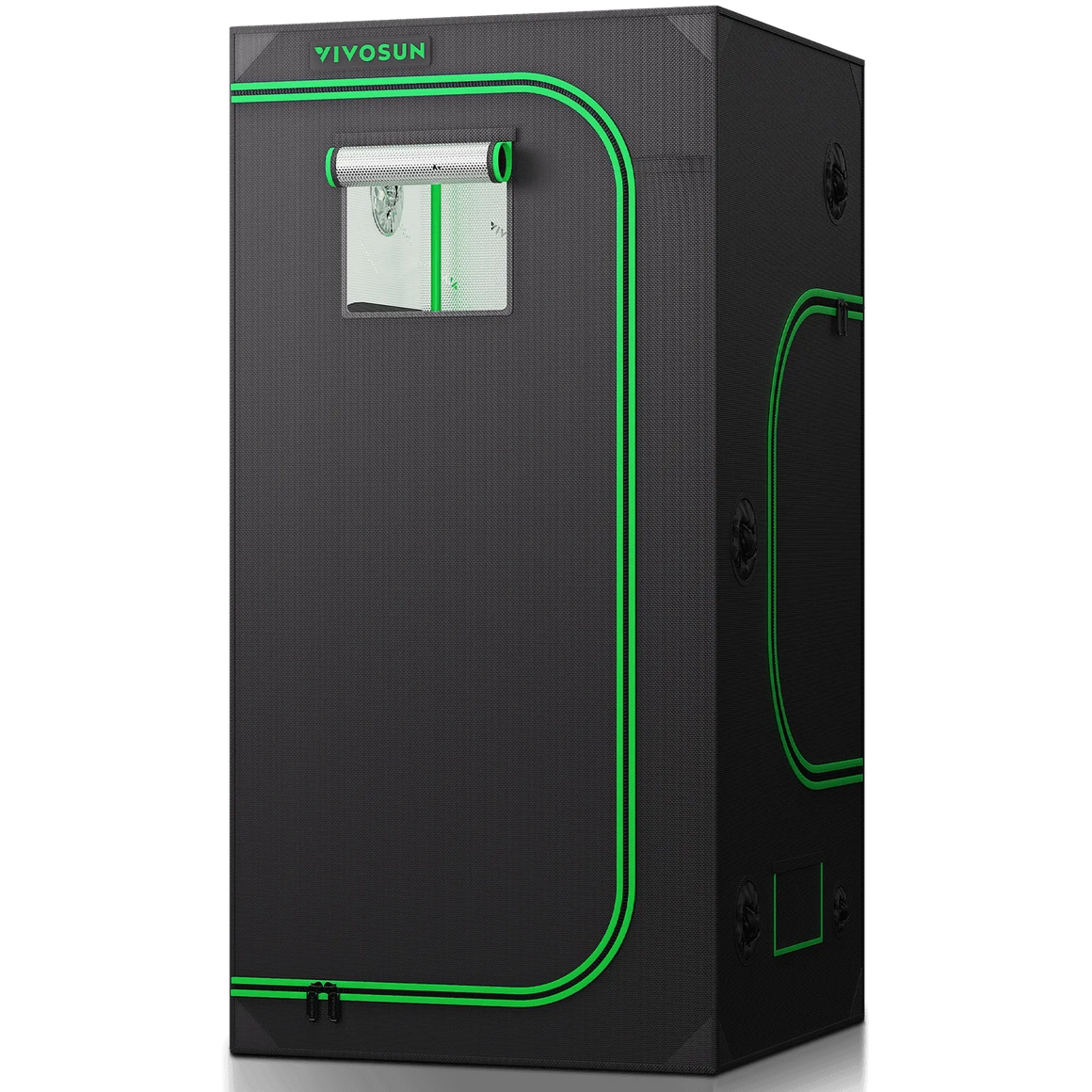VIVOSUN 3x3x6.1 ft grow tent, black with green trim, reflective interior, observation window.