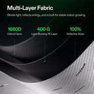 Vivosun grow tent fabric layers: 1680D Oxford, 400G PE, 100% Mylar.